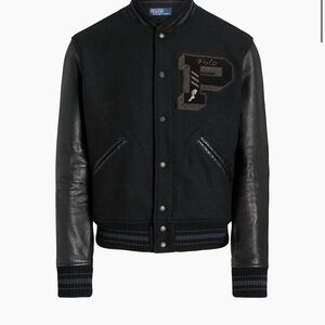 Polo by Ralph Lauren Black Varsity Jacket with Leather Sleeves